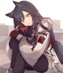  1girl animal_ears arknights black_hair black_legwear black_shorts food food_in_mouth fur-trimmed_jacket fur_trim gloves head_tilt highres jacket long_hair looking_at_viewer pocky red_gloves saibe shorts sitting solo tail texas_(arknights) white_jacket wolf_ears wolf_girl wolf_tail 