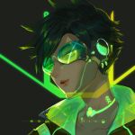  1girl artist_name bangs black_background black_hair brown_hair character_name cyberpunk_2077 cyborg earrings glowing goggles green_theme half-closed_eyes headphones highres jewelry lips lipstick looking_away makeup overwatch parted_lips portrait robot_joints short_hair smile solo spiky_hair squidsmith swept_bangs tracer_(overwatch) 