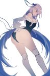  1girl absurdres artist_request ass bangs bare_shoulders blue_eyes blue_ribbon blush breasts choker fate/grand_order fate_(series) frills greaves hair_ribbon highleg highleg_swimsuit highres long_hair long_sleeves looking_at_viewer meltryllis meltryllis_(swimsuit_lancer)_(fate) off-shoulder_swimsuit one-piece_swimsuit open_mouth prosthesis prosthetic_leg puffy_sleeves purple_hair ribbon simple_background sleeves_past_fingers sleeves_past_wrists small_breasts solo swimsuit thighs very_long_hair white_background white_ribbon 