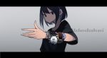  1girl absurdres black_eyes black_hair commentary fami_(yellow_skies) highres letterboxed nail_polish original romaji_text shirt short_hair solo t-shirt too_many upper_body watch watch 
