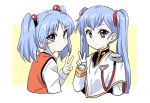  blue_hair blush closed_mouth eyebrows_visible_through_hair gloves hair_bobbles hair_ornament hoshino_ruri kidou_senkan_nadesico long_hair long_sleeves military military_uniform orange_vest shirt simple_background tonmoh twintails uniform upper_body v white_gloves white_shirt yellow_eyes 