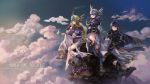  3girls armor armored_dress barefoot black_armor black_feathers breastplate feathers feet halberd helmet highres hrist_valkyrie lenneth_valkyrie low-braided_long_hair multiple_girls polearm shoulder_armor shoulder_pads silmeria_valkyrie spaulders ushas valkyrie valkyrie_profile weapon winged_helmet 