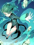  1girl asutora dress flying green_dress green_eyes green_hair legs looking_at_viewer one-punch_man open_mouth outstretched_arm rock short_hair solo tatsumaki thighs 