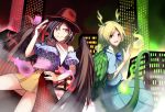  2girls ashiroku_(miracle_hinacle) bare_legs black_hair black_wings blood blue_shirt building city city_lights cityscape commentary_request cowboy_hat dragon_tail feathered_wings gradient gradient_background hair_between_eyes hand_on_hip hat highres horns kicchou_yachie kurokoma_saki looking_at_another multiple_girls neckerchief otter_spirit_(touhou) puffy_short_sleeves puffy_sleeves redhead shirt short_hair short_sleeves skirt skyscraper tail touhou white_neckwear wings wolf_spirit_(touhou) 