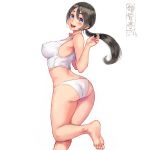  1girl :d ass bare_arms bare_shoulders barefoot black_hair blue_eyes blush bra breasts covered_nipples from_behind hands_up large_breasts long_hair looking_at_viewer looking_back open_mouth original panties ponytail shu-mai simple_background smile soles solo standing standing_on_one_leg toes underwear white_background white_bra white_panties 