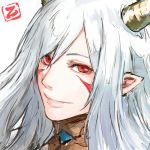  1boy closed_mouth copyright_request facial_mark hair_between_eyes horns looking_at_viewer male_focus pointy_ears portrait red_eyes shu-mai simple_background smile solo white_background white_hair 