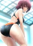  1girl ass black_swimsuit blurry commentary_request competition_swimsuit cowboy_shot depth_of_field from_behind highres indoors leaning_forward looking_at_viewer one-piece_swimsuit onigirikun original parted_lips purple_hair short_hair solo standing swimsuit violet_eyes wet wet_clothes 