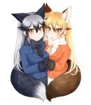  2girls animal_ears black_gloves black_skirt blue_jacket blush breasts brown_gloves commentary commentary_request extra_ears ezo_red_fox_(kemono_friends) fox_ears fox_tail fur-trimmed_sleeves fur_trim gloves highres holding_hands jacket kemono_friends long_hair looking_at_viewer medium_breasts morino_(morino03) multiple_girls open_mouth orange_jacket silver_fox_(kemono_friends) simple_background skirt tail white_background 