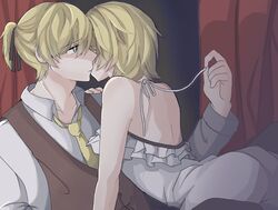  1boy 1girl adolescence_(vocaloid) arched_back bare_arms bare_shoulders blonde_hair blue_eyes brother_and_sister cheek-to-cheek collarbone curtains frilled_camisole frown hair_ribbon hand_on_another's_shoulder imminent_kiss incest kagamine_len kagamine_rin kefuko_(user_gheu2755) necktie on_person ribbon sad short_ponytail shoulder_blades siblings sleeveless_blazer slender_waist spaghetti_strap twincest twins unbuttoned unbuttoned_shirt untying vocaloid white_camisole yellow_neckwear 