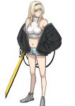  1girl an-94_(girls_frontline) bare_shoulders black_jacket blonde_hair breasts cuffs girls_frontline green_eyes hairband jacket jacket_on_shoulders legs long_hair looking_away medium_breasts navel shackles shirt shorts silayloe solo white_background white_footwear white_shirt white_shorts 