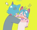  &gt;_&lt; 1boy 1girl =3 anger_vein angry animal_ears antenna_hair aqua_hair bangs brother_and_sister cat_boy cat_ears cat_girl cheek_pinching cheek_pull closed_eyes d: dx facing_away facing_viewer fangs flying_sweatdrops furrowed_eyebrows green_background grey_shirt hair_between_eyes hands_up long_hair niwabuki no_nose noshime_ruka open_mouth original pinching satonaka_kei shiny shiny_hair shirt short_sleeves siblings signature simple_background sweat tears upper_body white_shirt 