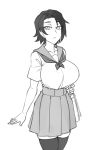  1girl :/ bag breasts collarbone commentary cowboy_shot english_commentary eyebrows_visible_through_hair eyes_visible_through_hair greyscale large_breasts looking_at_viewer monochrome original pleated_skirt saya_(twrlare) school_uniform short_hair short_sleeves simple_background skirt solo tented_shirt thigh-highs twrlare 