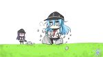  2girls akatsuki_(kantai_collection) anchor_symbol blue_eyes blue_hair blush chibi commentary_request flat_cap grass hair_between_eyes hair_ornament hat hibiki_(kantai_collection) kantai_collection long_hair long_sleeves looking_at_viewer messy_hair multiple_girls neckerchief nyonyonba_tarou open_mouth pleated_skirt purple_hair red_neckwear school_uniform serafuku skirt stone violet_eyes 