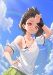  1girl absurdres arm_up azur_lane bangs_pinned_back bare_shoulders black_bra black_hair black_headband blue_sky bra breasts clothes_writing clouds collarbone commentary cooper_(azur_lane) cooper_(blazing_tennis_battle)_(azur_lane) day eir green_skirt hachimaki hand_on_forehead hand_on_hip headband highres looking_at_viewer off-shoulder_shirt off_shoulder parted_lips pink_eyes pleated_skirt rainbow see-through shirt short_hair short_sleeves single_sidelock skirt sky small_breasts smile solo standing sunlight sweat underwear upper_body wet wet_clothes wet_shirt white_shirt wristband 
