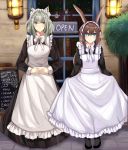  2girls alternate_costume amiya_(arknights) animal_ears apron arknights bangs black_dress blue_eyes blue_sela blush bow bowtie brown_hair commentary dress enmaided eyebrows_visible_through_hair frilled_apron frills green_eyes green_hair hair_between_eyes highres kal&#039;tsit long_hair long_sleeves looking_at_viewer maid maid_apron maid_headdress multiple_girls rabbit_ears short_hair skirt_hold smile standing white_apron white_bow white_neckwear 