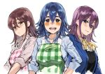  3girls apron asami_(doubutsu_no_mori) bangs blue_eyes blue_hair blush breasts brown_eyes brown_hair closed_mouth doubutsu_no_mori formal freckles highres iku_(ikuchan_kaoru) keito_(doubutsu_no_mori) kinuyo_(doubutsu_no_mori) long_hair looking_at_viewer makeup medium_breasts multiple_girls open_mouth parted_bangs personification purple_hair ribbon shiny shiny_hair shirt smile suit thick_eyebrows 