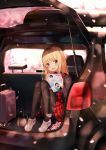  1girl absurdres bangs black_legwear blue_eyes blush breasts car cherry_blossoms commentary_request dress eyebrows_visible_through_hair ground_vehicle highres holding long_hair looking_at_viewer motor_vehicle open_mouth original pantyhose red_dress refile shoes sitting smile solo white_footwear 