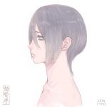  1girl artist_logo blue_eyes closed_mouth from_side grey_hair hair_between_eyes nude original profile short_hair shu-mai simple_background solo white_background 