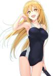  +_+ 1girl absurdres black_swimsuit blonde_hair breasts collarbone commentary_request competition_swimsuit controller cowboy_shot highres k3rd large_breasts long_hair looking_at_viewer one-piece_swimsuit remote_control shokuhou_misaki simple_background smile solo swimsuit to_aru_kagaku_no_railgun to_aru_majutsu_no_index white_background yellow_eyes 