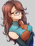  1girl android_21 black-framed_eyewear blue_eyes breasts checkered checkered_dress detached_sleeves dragon_ball dragon_ball_fighterz dress earrings glasses grey_background hoop_earrings jewelry kemachiku large_breasts long_hair looking_at_viewer redhead simple_background solo upper_body 