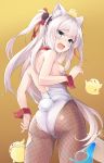 1girl animal_ear_fluff animal_ears ass azur_lane blue_eyes breasts bunny_tail bunnysuit cat_ears cocktail_glass commentary cup drinking_glass fake_tail fang fishnet_legwear fishnets from_behind hair_ribbon hammann_(azur_lane) highres leotard long_hair looking_at_viewer looking_back manjuu_(azur_lane) misashi_(raichi821) open_mouth pantyhose red_ribbon ribbon sideboob silver_hair skin_fang small_breasts solo surprised tail torn_clothes torn_legwear two_side_up very_long_hair white_leotard wrist_cuffs 