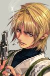  1boy blonde_hair blue_eyes cigarette genjou_sanzou grey_background gun handgun hankuri holding holding_gun holding_weapon jacket looking_at_viewer male_focus mole mouth_hold revolver saiyuki sanpaku simple_background smoke smoking solo weapon 