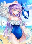  1girl arm_up aseris bangs bare_shoulders beach blue_eyes blue_ribbon blue_sky blush breasts choker closed_mouth collarbone covered_navel fate/grand_order fate_(series) frills hair_ribbon highleg highleg_swimsuit highres long_hair long_sleeves looking_at_viewer meltryllis meltryllis_(swimsuit_lancer)_(fate) off-shoulder_swimsuit one-piece_swimsuit puffy_sleeves purple_hair ribbon sky sleeves_past_fingers sleeves_past_wrists small_breasts smile solo swimsuit thighs very_long_hair water_drop white_ribbon 