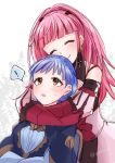  ! 2girls blue_hair braid brown_eyes closed_eyes closed_mouth crown_braid dress earrings fire_emblem fire_emblem:_three_houses gloves hilda_valentine_goneril hug hug_from_behind jewelry long_hair marianne_von_edmund multiple_girls open_mouth pink_hair ponytail red_gloves smile spoken_exclamation_mark twitter_username upper_body yutohiroya 