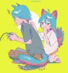  /\/\/\ 1boy 1girl animal_ears antenna_hair aqua_hair bangs barefoot blush_stickers brother_and_sister brown_pants cat_boy cat_ears cat_girl cat_tail circle clenched_teeth closed_mouth constricted_pupils controller covering_mouth dot_nose flying_sweatdrops from_side full_body furrowed_eyebrows game_controller gamepad green_background grey_shirt hair_between_eyes half-closed_eyes hand_up hands_up holding_controller holding_game_controller indian_style kneeling long_hair looking_at_another looking_away motion_lines niwabuki no_shoes noshime_ruka orange_eyes original pants profile satonaka_kei shiny shiny_hair shirt short_sleeves siblings signature simple_background sitting smirk smug startled sweat tail teeth trembling white_shirt 