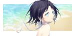  1girl absurdres bare_shoulders beach black_hair blue_eyes blurry blurry_background choker depth_of_field earrings from_side highres jewelry looking_at_viewer looking_to_the_side ocean original parted_lips pink_lips ribbon ribbon_choker smile sogawa solo white_choker white_ribbon 