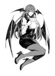  &gt;:) 1girl bat_wings book book_hug closed_mouth dress_shirt full_body greyscale head_wings high_heels highres holding holding_book juliet_sleeves koakuma long_hair long_sleeves looking_at_viewer low_wings monochrome pantyhose pencil_skirt pointy_ears puffy_sleeves ruukii_drift shirt simple_background sketch skirt skirt_set smile solo touhou v-shaped_eyebrows vest white_background wings 