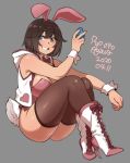  1girl agawa_ryou animal_ears bare_shoulders boots breasts brown_eyes brown_hair brown_legwear bunny_tail commentary dark_skin dated easter_egg egg grey_background grin high_heels jacket large_breasts looking_at_viewer original rabbit_ears short_hair signature simple_background sitting smile solo tail thigh-highs thighs white_footwear 