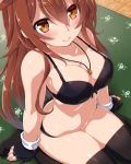  1girl black_legwear blush breasts brown_hair dd_(ijigendd) fingerless_gloves full_body gloves hair_flaps highres kantai_collection large_breasts long_hair looking_at_viewer navel no_shoes orange_eyes remodel_(kantai_collection) shiratsuyu_(kantai_collection) sitting smile solo thigh-highs underwear wariza whistle whistle_around_neck 