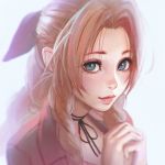  1girl aerith_gainsborough backlighting bangs blue_eyes braid brown_hair eyebrows eyelashes final_fantasy final_fantasy_vii hair_ribbon ilya_kuvshinov long_hair looking_at_viewer parted_bangs ponytail ribbon simple_background solo twin_braids white_background 