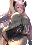  1girl arm_up armpits bangs belt blush breasts coat cover cover_page draph granblue_fantasy hair_ornament hair_over_one_eye highres holding horns large_breasts long_hair looking_at_viewer narmaya_(granblue_fantasy) open_mouth parted_bangs pink_hair pointy_ears sheath shiny shiny_hair shun&#039;en_(homura0620alicia) sidelocks simple_background sleeveless smile solo thigh_strap thighs violet_eyes white_background 