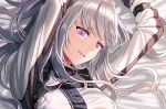  1girl ak-12_(girls_frontline) arms_up bangs bed_sheet girls_frontline long_hair lying on_back open_eyes open_mouth silence_girl silver_hair strap symbol-shaped_pupils tactical_clothes violet_eyes 