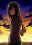  1girl :d black_hair black_skirt blush brown_shirt chain-link_fence enpera facing_viewer fence from_side hand_up head_tilt long_sleeves looking_at_viewer medium_hair night night_sky open_mouth original outdoors scarf shirt skirt sky smile sogawa solo star_(sky) starry_sky 