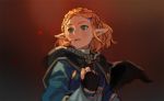  1girl black_capelet black_gloves blonde_hair blue_shirt braid burari capelet crown_braid fingers forehead gloves green_eyes hair_ornament hairclip pointy_ears princess_zelda shirt short_hair solo the_legend_of_zelda the_legend_of_zelda:_breath_of_the_wild the_legend_of_zelda:_breath_of_the_wild_2 thick_eyebrows 