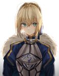  1girl absurdres ahoge artoria_pendragon_(all) blonde_hair blue_dress braid breastplate commentary dress eyebrows_visible_through_hair fate/grand_order fate/stay_night fate_(series) frown green_eyes hair_between_eyes hair_ribbon highres kanniepan looking_at_viewer ribbon saber simple_background solo white_background 
