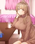  1girl bed between_legs blush breasts brown_eyes brown_hair brown_sweater closed_mouth commentary_request cup curtains erena_(sakura_aimax) hand_between_legs highres indoors large_breasts long_hair looking_at_viewer love_live! love_live!_school_idol_project minami_kotori mug one_side_up sidelocks smile solo sweater table yellow_eyes 