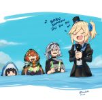  4girls alternate_costume architect_(girls_frontline) baby_shark commentary_request girls_frontline hood hoodie idol_clothes kion-kun ks-23_(girls_frontline) multiple_girls music nagant_revolver_(girls_frontline) russian_commentary russian_text shark_costume sharp_teeth singing sl8_(girls_frontline) teeth 