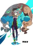  1girl absurdres aqua_eyes bangs bow dress eyebrows eyebrows_visible_through_hair facial_tattoo highlights highres jacket kurumitsu long_sleeves looking_at_viewer multicolored_hair original simple_background sleeves_past_wrists smile solo tattoo thick_eyebrows thigh-highs winged_footwear 