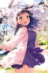  1girl :d bangs black_hair blew_andwhite brown_eyes cherry_blossoms day dress eyebrows_visible_through_hair gradient_hair hair_blowing highres hime_cut multicolored_hair open_mouth outdoors pink_cardigan purple_dress purple_sash sakurada_maon sash smile solo spring_(season) tamayura 