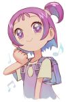  1girl backpack bag blush closed_mouth dress hand_up hankuri looking_at_viewer musical_note no_humans ojamajo_doremi one_side_up purple_dress purple_hair randoseru segawa_onpu short_hair short_sleeves simple_background smile solo violet_eyes white_background 