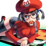  1girl black_legwear blue_eyes blue_hair breasts genderswap genderswap_(mtf) glasses gradient gradient_background handheld_game_console hat headphones highres large_breasts long_sleeves looking_at_viewer mario super_mario_bros. masao miniskirt mouth_hold mushroom nintendo nintendo_3ds revision ribbed_sweater skirt solo super_mario_bros. super_mushroom suspenders sweater thigh-highs turtleneck twintails 