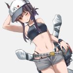  1girl ;) absurdres arknights arm_up armpits bangs bare_arms bare_shoulders baseball_cap belt bikini black_bikini black_hair blush breasts ch&#039;en_(arknights) commentary_request cowboy_shot dragon_horns dutch_angle grey_background grey_shorts hat highleg highleg_bikini highres horns horns_through_headwear koi0806 long_hair looking_at_viewer medium_breasts navel one_eye_closed partial_commentary pouch red_eyes short_shorts shorts sidelocks simple_background smile solo standing stomach swimsuit watch watch 