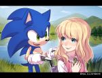  1boy 1girl bangs blonde_hair blue_eyes blue_fur derivative_work eyebrows_visible_through_hair green_eyes happy hedgehog hedgehog_ears helen_(sonic_x) highres isa-415810 lake long_hair looking_at_another nature open_mouth screencap_redraw shirt smile sonic sonic_the_hedgehog sonic_x wheelchair white_shirt 