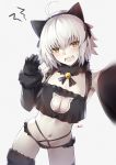  1girl absurdres ahoge bangs bee_doushi blush breasts fate/grand_order fate_(series) highres jeanne_d&#039;arc_(alter)_(fate) jeanne_d&#039;arc_(fate)_(all) large_breasts looking_at_viewer navel open_mouth short_hair silver_hair simple_background solo yellow_eyes 