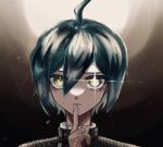  1boy ahoge bangs black_hair brown_background brown_eyes closed_mouth danganronpa_(series) danganronpa_v3:_killing_harmony hair_between_eyes highres index_finger_raised jacket looking_at_viewer portrait raru_(mqwmguqjc74hecq) saihara_shuuichi serious shiny shiny_hair short_hair solo sparkling_eyes striped striped_jacket white_background 