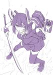  1girl eyepatch fingerless_gloves gloves hair_between_eyes headgear ifuji_shinsen kantai_collection katana looking_at_viewer monochrome necktie purple_hair rigging short_hair sketch solo sword tenryuu_(kantai_collection) thigh-highs turret weapon 